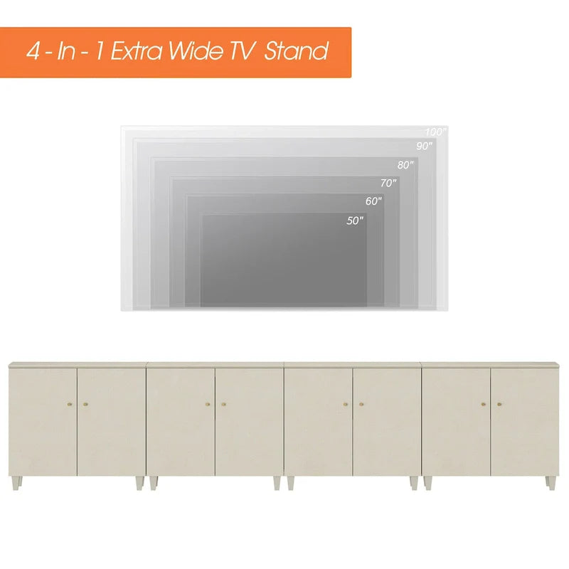 Tall TV Stand with Doors - Faux Linen Finish - 2 Cabinets