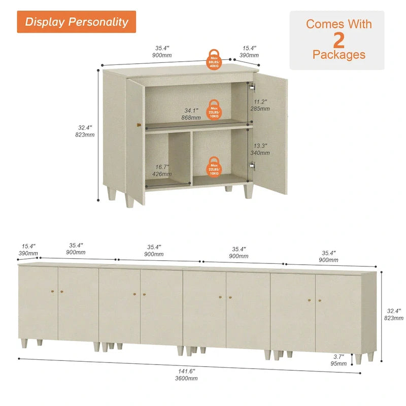 Tall TV Stand with Doors - Faux Linen Finish - 2 Cabinets