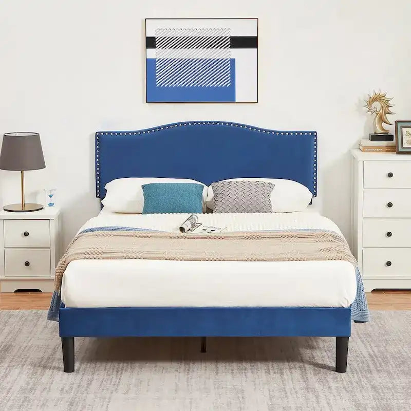 VECELO, Upholstered Platform Bed Frame with Nailhead Headboard Twin Full Queen Size Bed-Blue