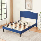 Upholstered Platform Bed - Blue Linen - Nailhead Headboard