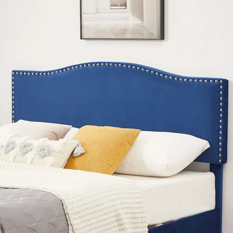 Upholstered Platform Bed - Blue Linen - Nailhead Headboard