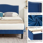 Upholstered Platform Bed - Blue Linen - Nailhead Headboard