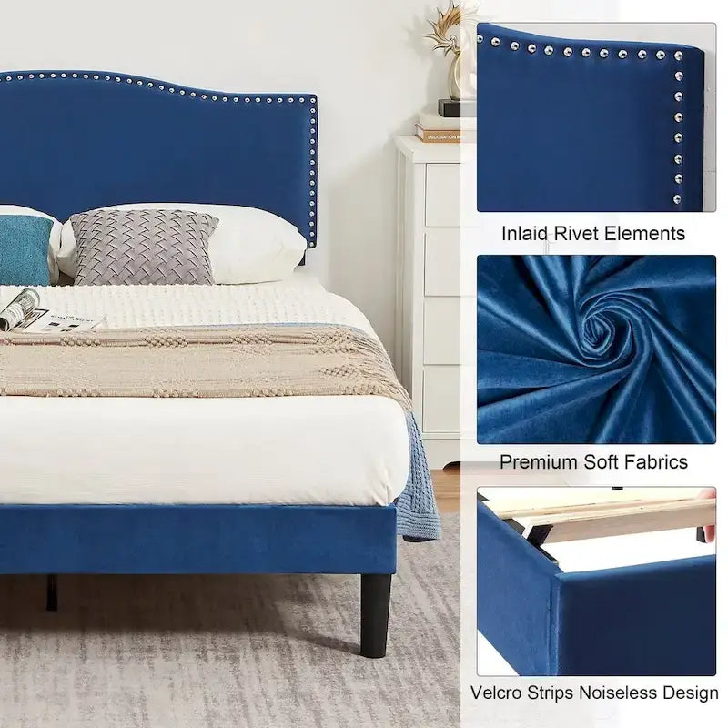 Upholstered Platform Bed - Blue Linen - Nailhead Headboard