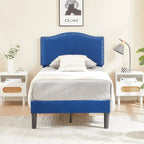 Upholstered Platform Bed - Blue Linen - Nailhead Headboard