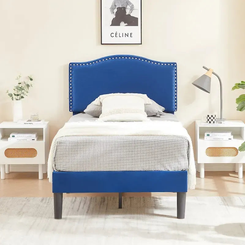Upholstered Platform Bed - Blue Linen - Nailhead Headboard