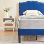 Upholstered Platform Bed - Blue Linen - Nailhead Headboard