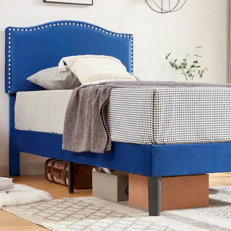 Upholstered Platform Bed - Blue Linen - Nailhead Headboard