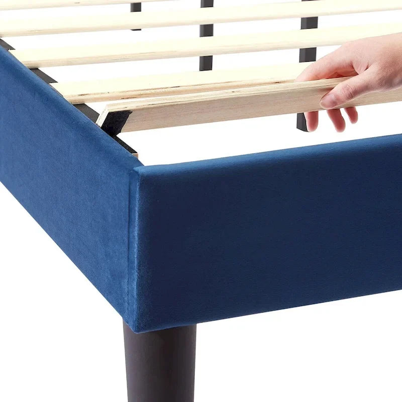 Upholstered Platform Bed - Blue Linen - Nailhead Headboard