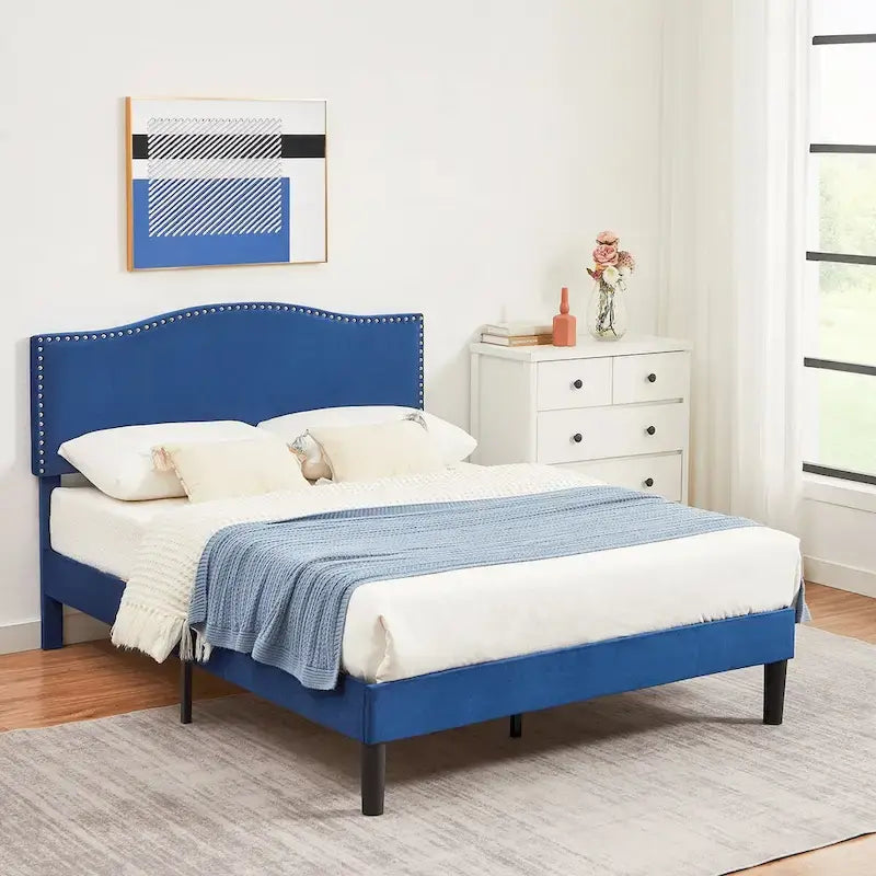 Upholstered Platform Bed - Blue Linen - Nailhead Headboard