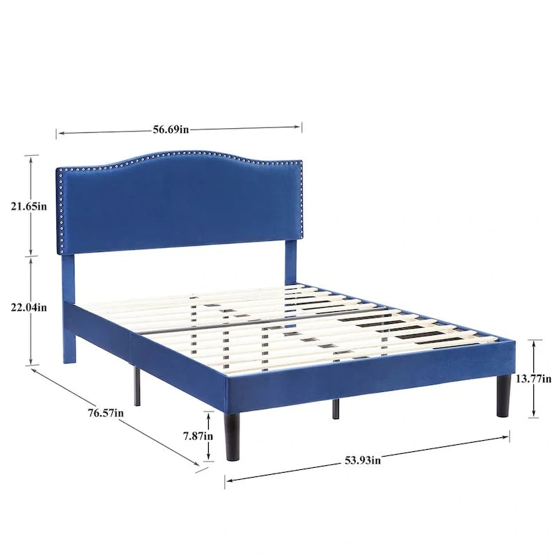 Upholstered Platform Bed - Blue Linen - Nailhead Headboard