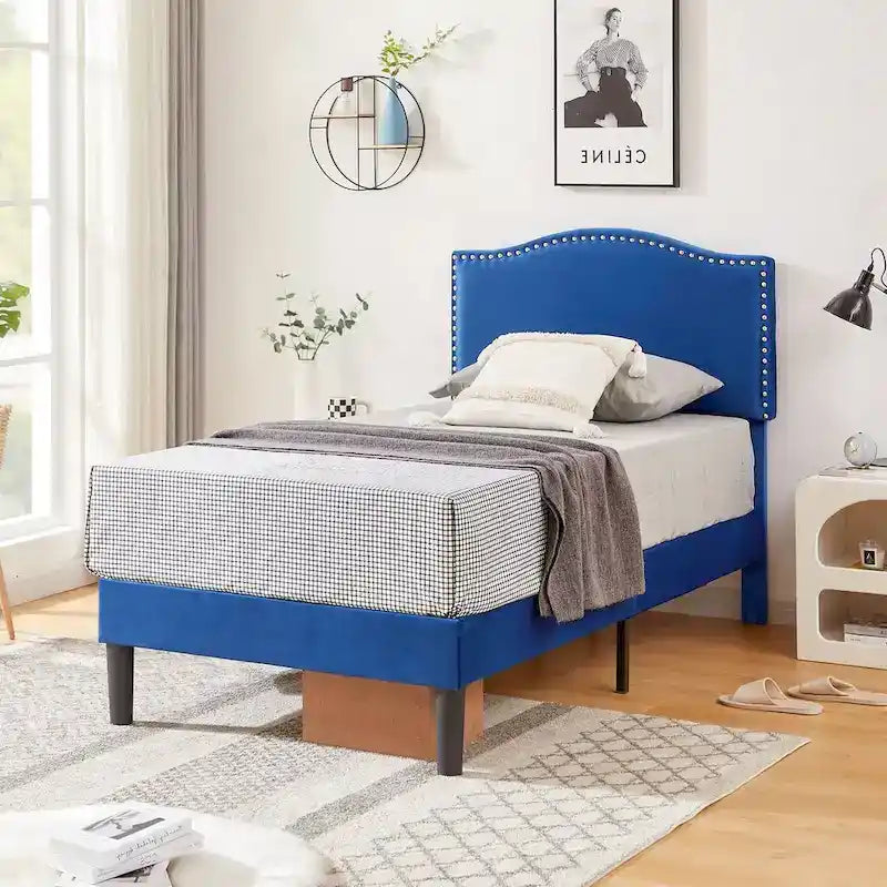 Upholstered Platform Bed - Blue Linen - Nailhead Headboard