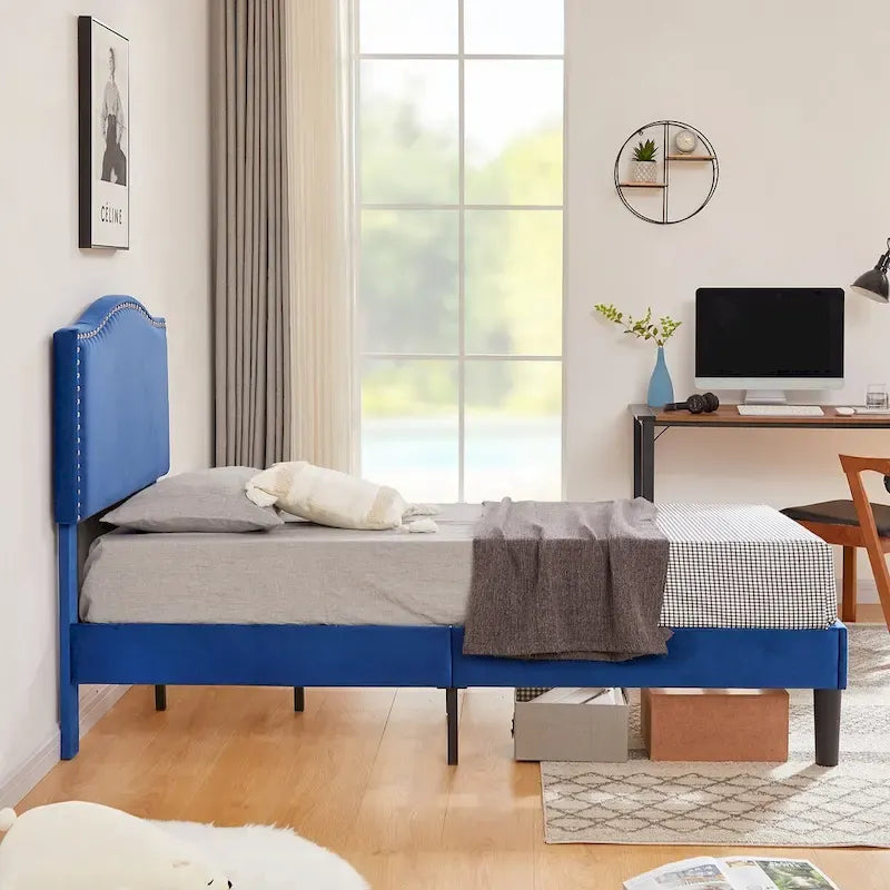 Upholstered Platform Bed - Blue Linen - Nailhead Headboard