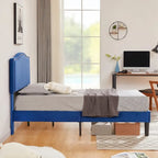 Upholstered Platform Bed - Blue Linen - Nailhead Headboard