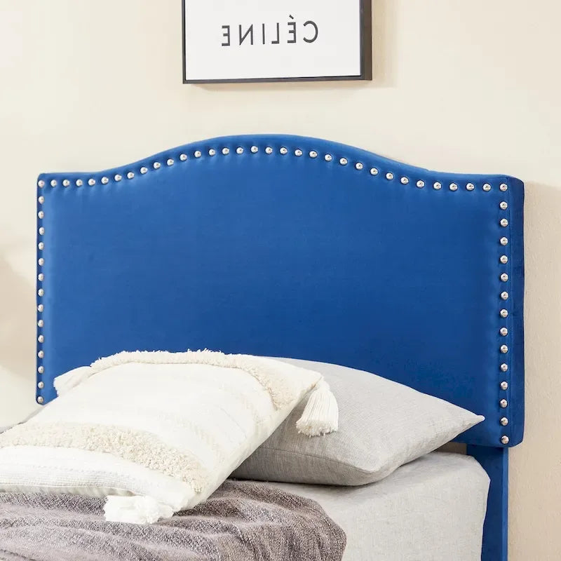 Upholstered Platform Bed - Blue Linen - Nailhead Headboard