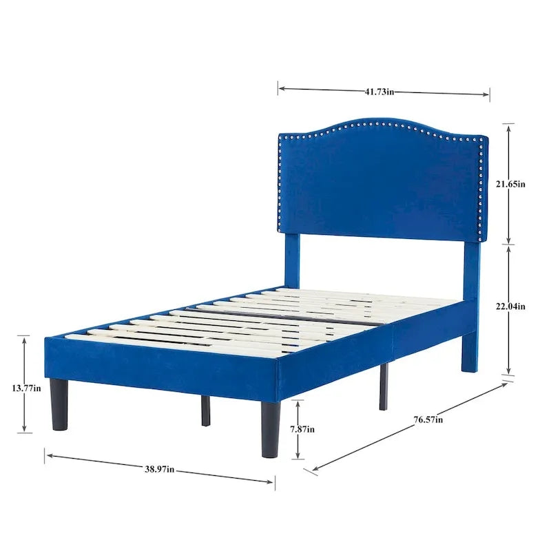 Upholstered Platform Bed - Blue Linen - Nailhead Headboard