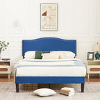 Upholstered Platform Bed - Blue Linen - Nailhead Headboard