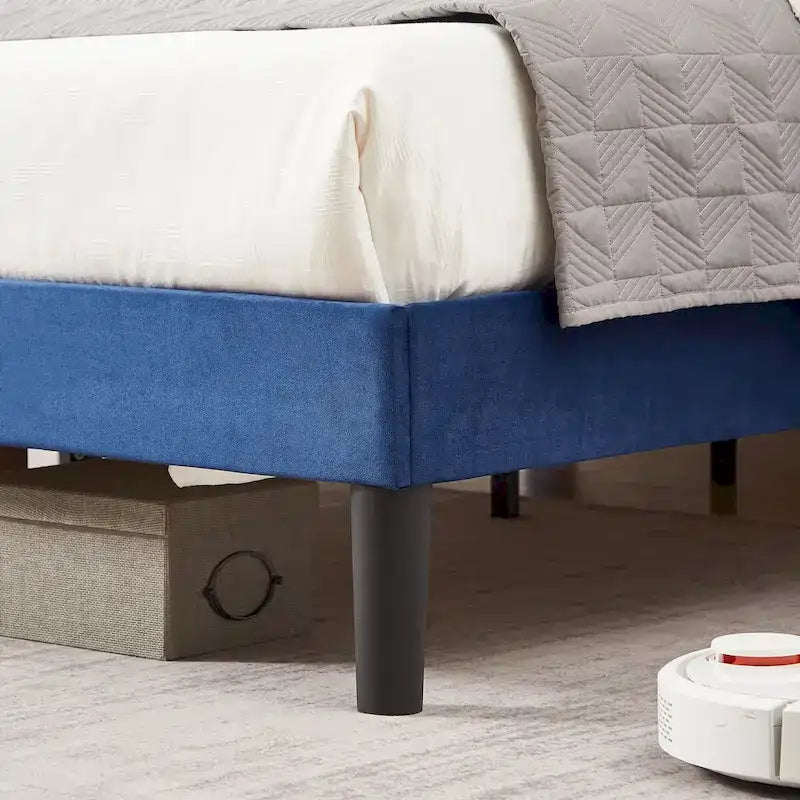 Upholstered Platform Bed - Blue Linen - Nailhead Headboard