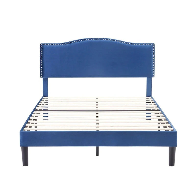 Upholstered Platform Bed - Blue Linen - Nailhead Headboard