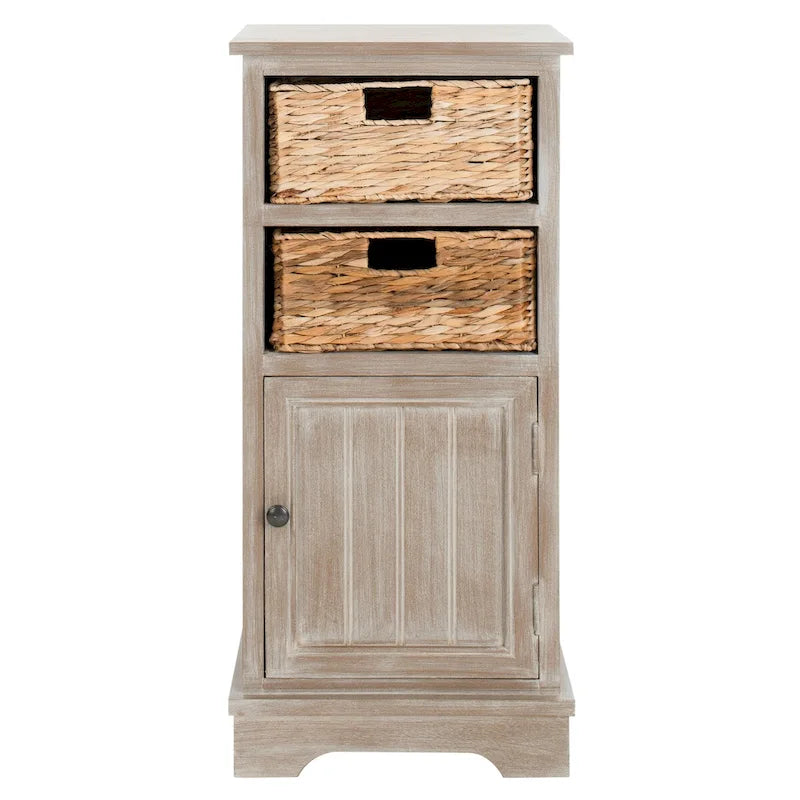 Distressed Black Storage Cabinet with Wicker Baskets