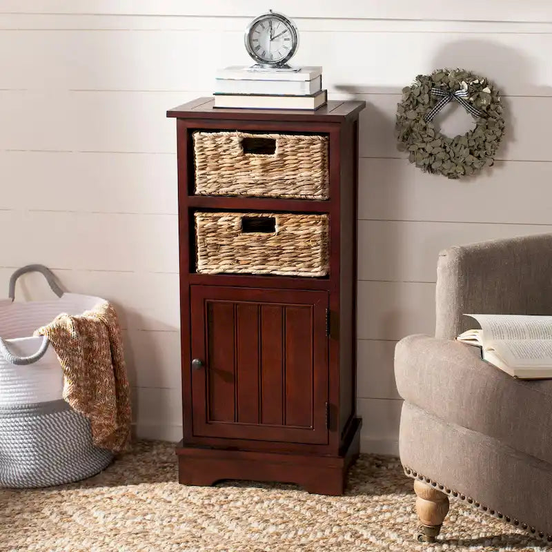 Distressed Black Storage Cabinet with Wicker Baskets