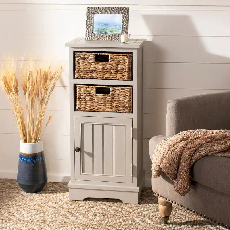 Distressed Black Storage Cabinet with Wicker Baskets