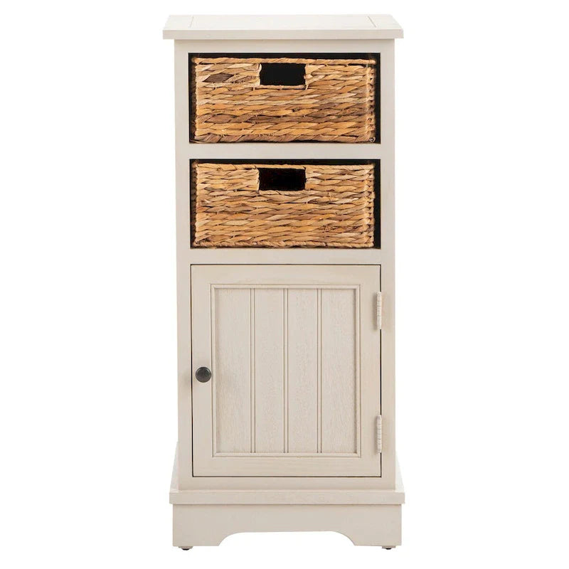 Distressed Black Storage Cabinet with Wicker Baskets