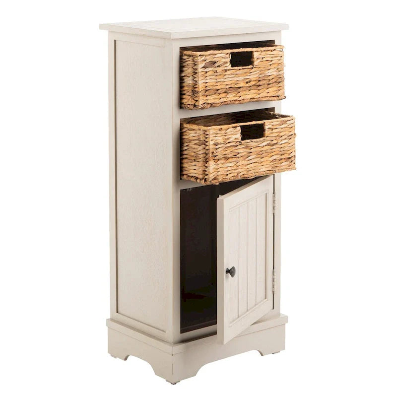 Distressed Black Storage Cabinet with Wicker Baskets