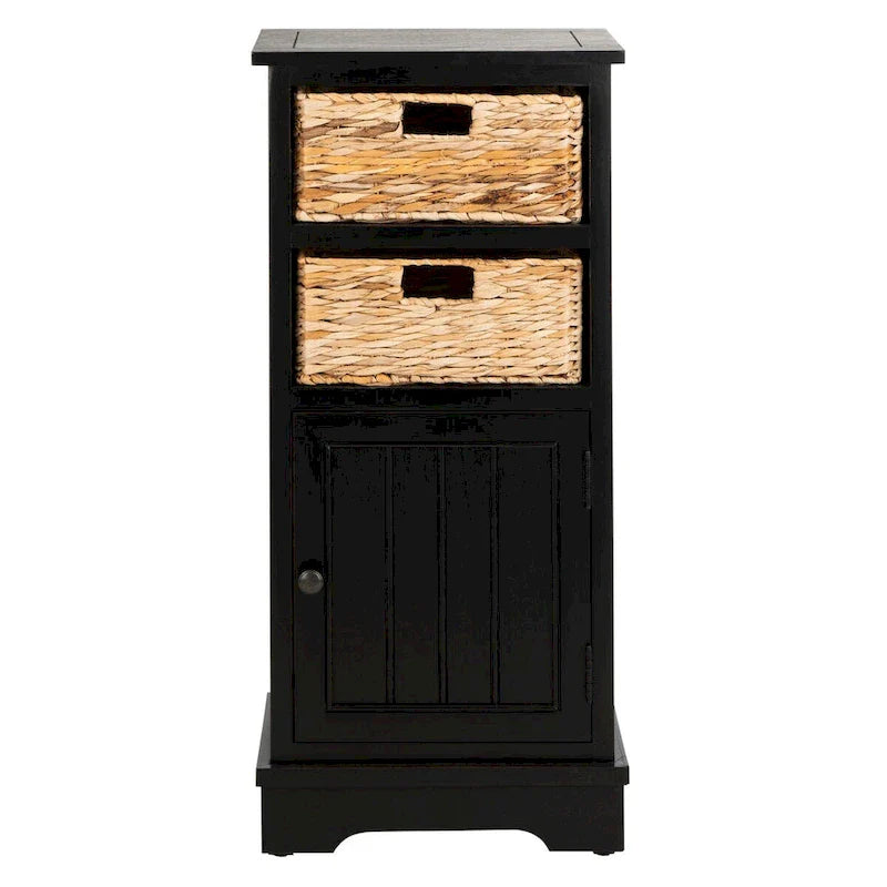Distressed Black Storage Cabinet with Wicker Baskets