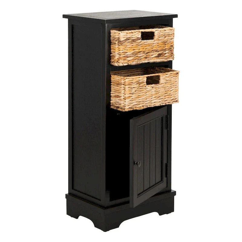 Distressed Black Storage Cabinet with Wicker Baskets