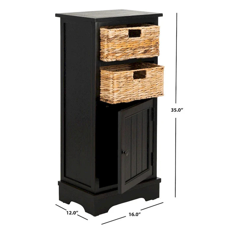 Distressed Black Storage Cabinet with Wicker Baskets