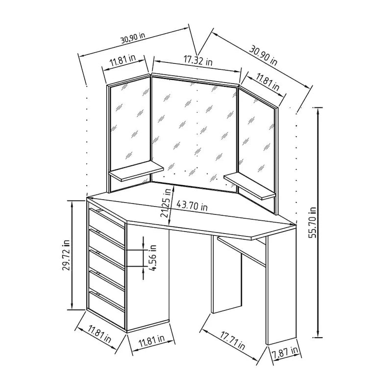 Corner Makeup Vanity - Black - 3-Panel Mirror with Storage