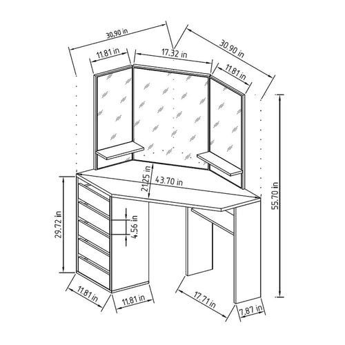 Black Corner Makeup Vanity – 5-Drawer, 3-Panel Mirror, 1-Person