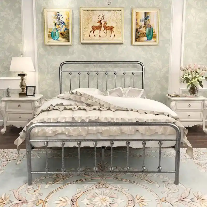 Silver / Black Full Size Metal Bed Frame, Vintage Style, Sleeps 2