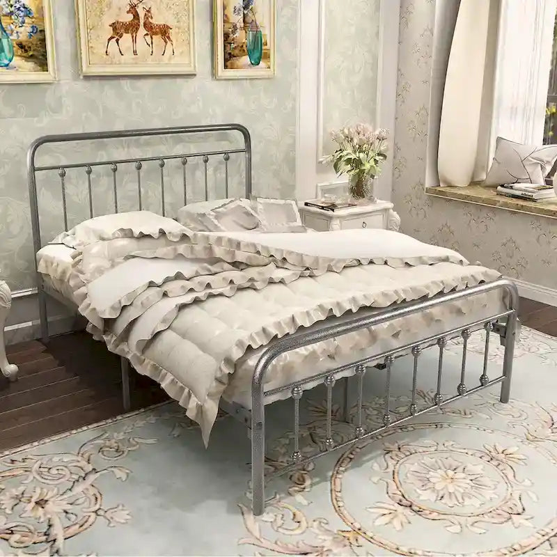 Silver / Black Full Size Metal Bed Frame, Vintage Style, Sleeps 2