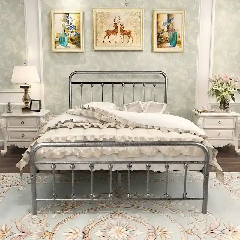 Silver / Black Full Size Metal Bed Frame, Vintage Style, Sleeps 2