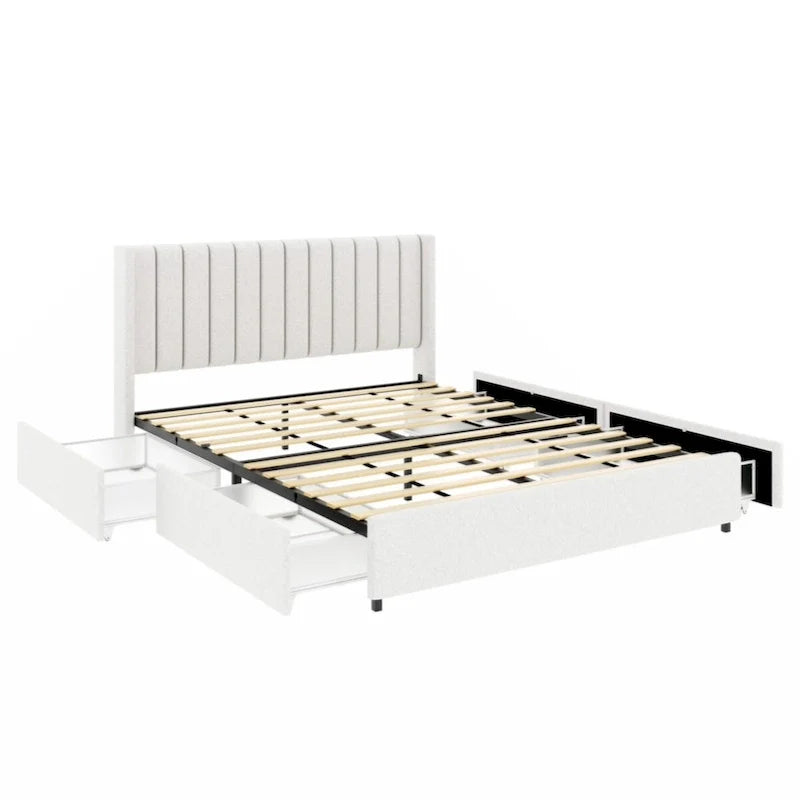 Upholstered Platform Bed with 4 Storage Drawers - Ivory - Queen Size