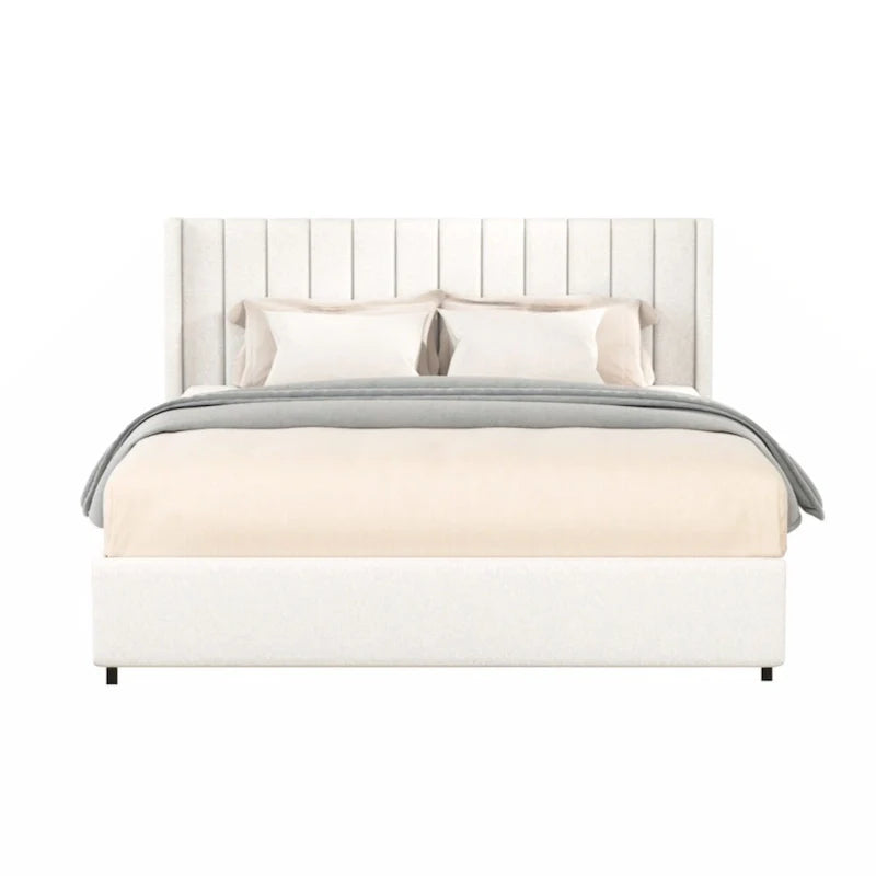 Upholstered Platform Bed with 4 Storage Drawers - Ivory - Queen Size
