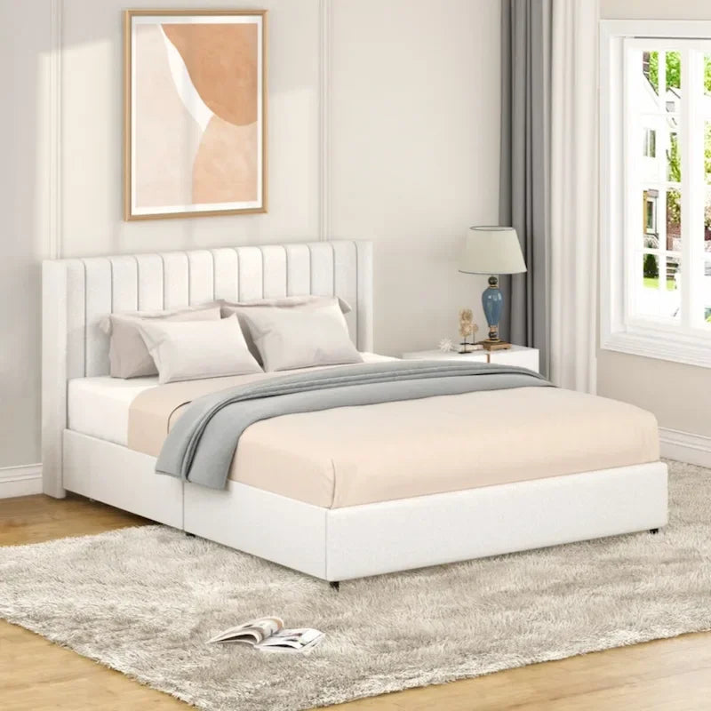 Upholstered Platform Bed with 4 Storage Drawers - Ivory - Queen Size
