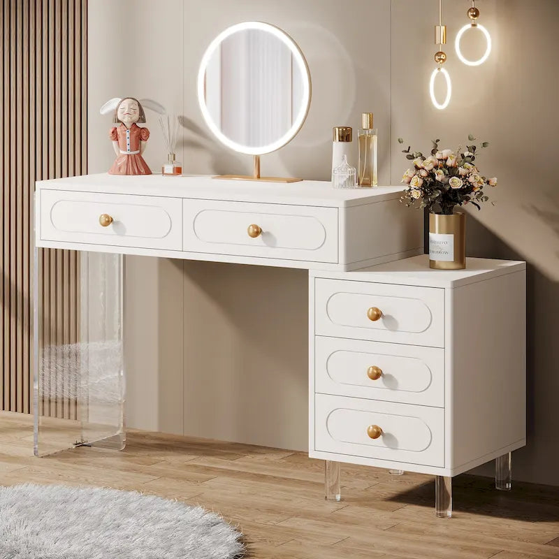5-Drawer Vanity Desk with Acrylic Legs - Extendable