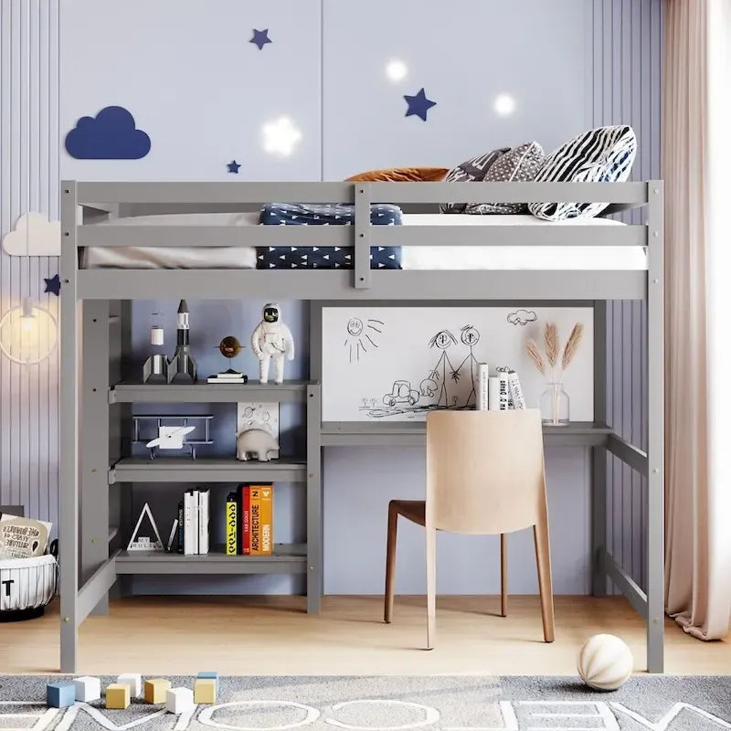 Grey / White Full Size Loft Bed with Desk, Shelves & Writing Board – Sleeps 1