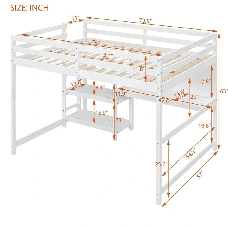 Grey / White Full Size Loft Bed with Desk, Shelves & Writing Board – Sleeps 1