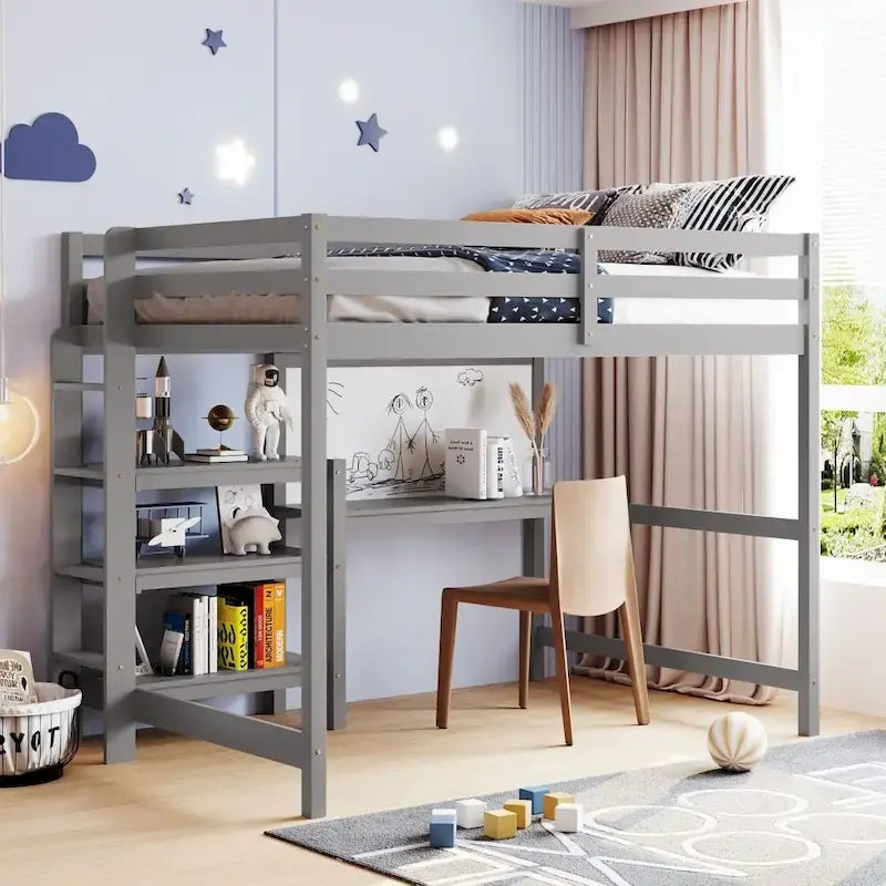 Grey / White Full Size Loft Bed with Desk, Shelves & Writing Board – Sleeps 1