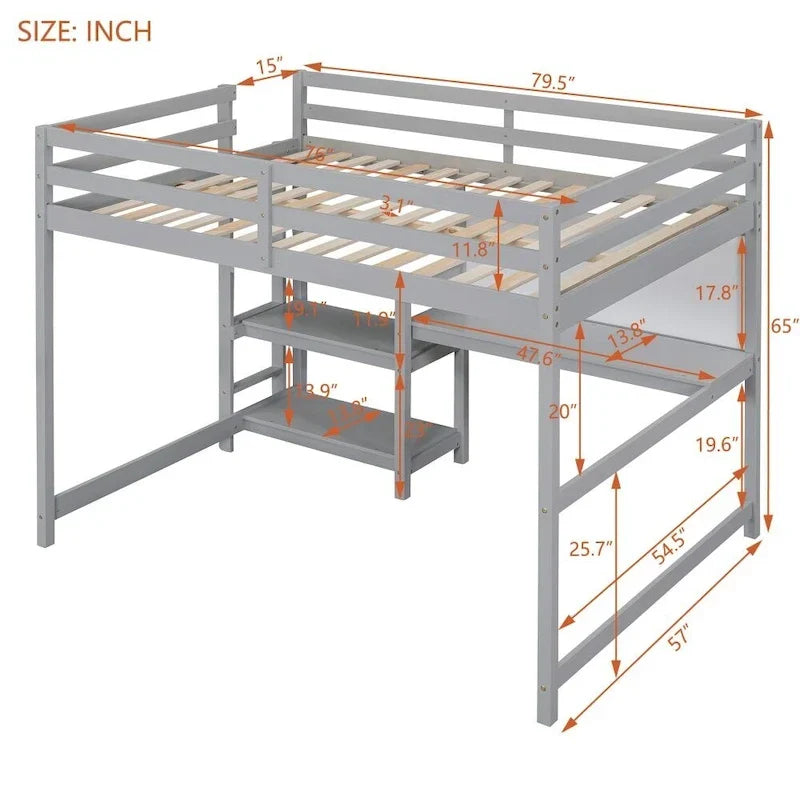 Grey / White Full Size Loft Bed with Desk, Shelves & Writing Board – Sleeps 1