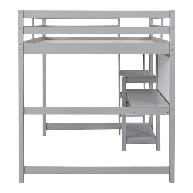 Grey / White Full Size Loft Bed with Desk, Shelves & Writing Board – Sleeps 1