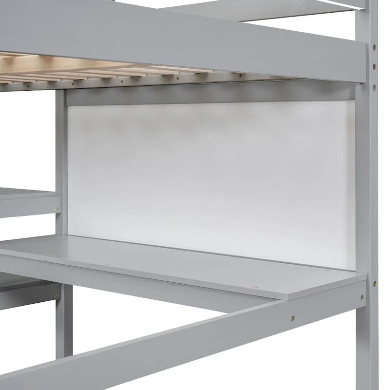 Grey / White Full Size Loft Bed with Desk, Shelves & Writing Board – Sleeps 1