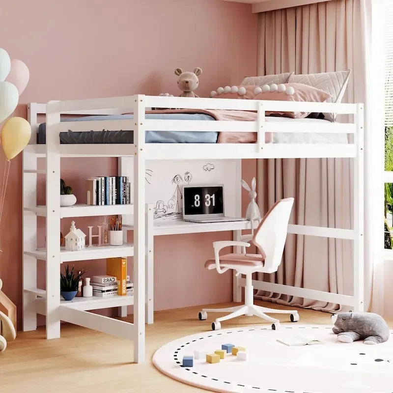 Grey / White Full Size Loft Bed with Desk, Shelves & Writing Board – Sleeps 1