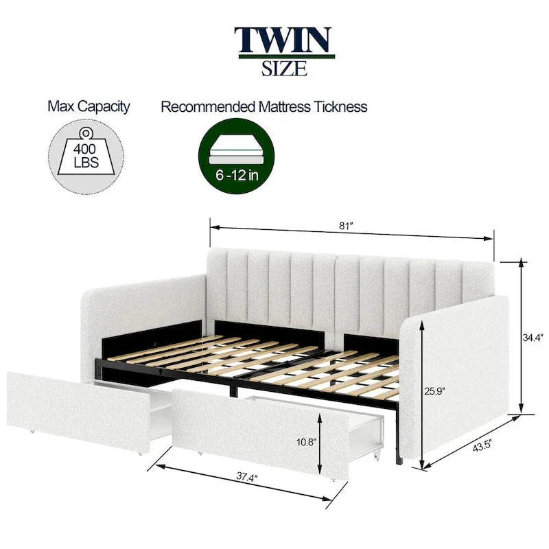 Upholstered Daybed with 2 Drawers - Boucle - Twin Size