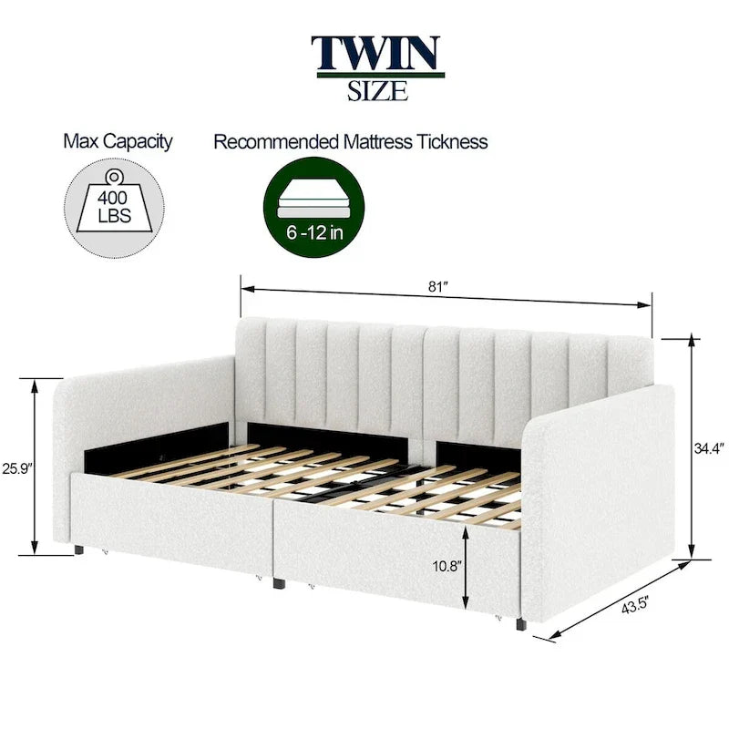 Upholstered Daybed with 2 Drawers - Boucle - Twin Size