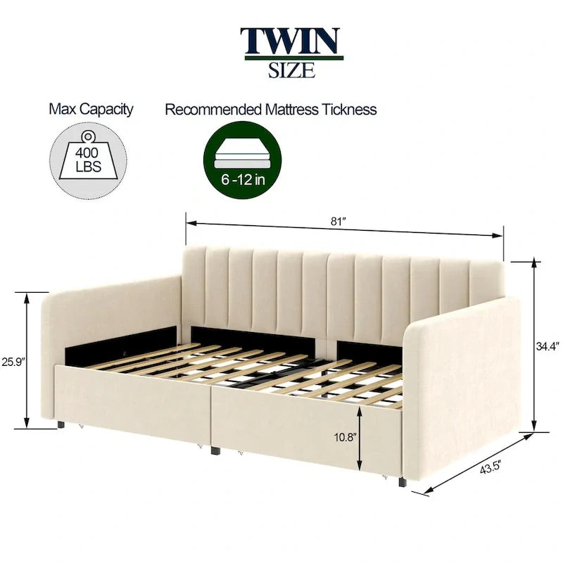 Upholstered Daybed with 2 Drawers - Boucle - Twin Size