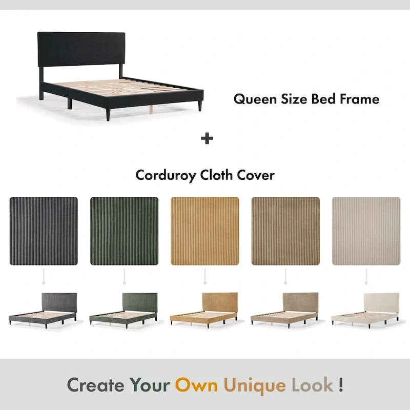 Dark Grey / Green / Ivory / Brown / Yellow Corduroy Queen Bed Slipcover – Fabric Cover Only, Fits 1 Bed